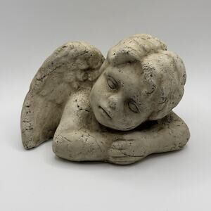 Ceramic Plaster Sleeping Cherub Angel Aged Look Head House Garden Statue 5”x4”H